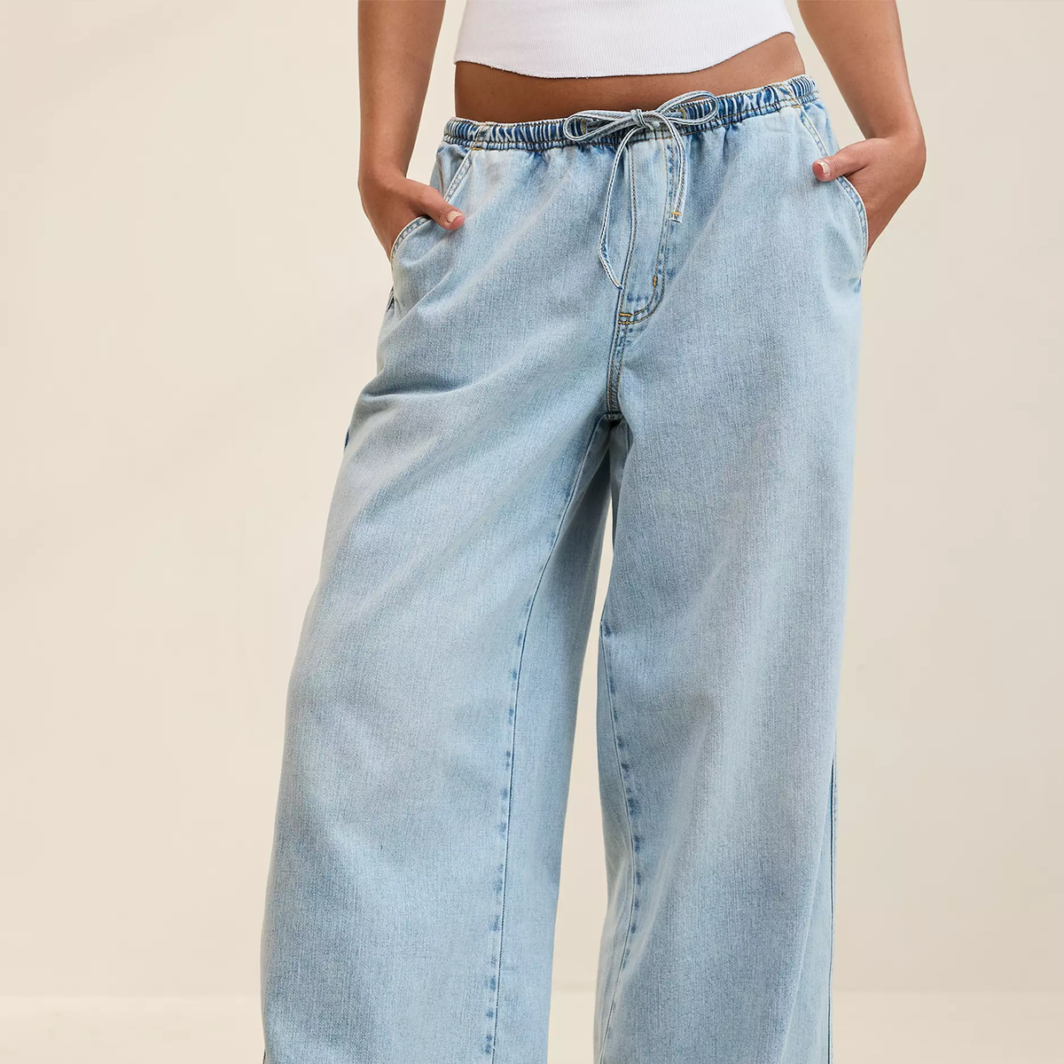 Daydream Denim Drawstring Pull‑On Wide‑Leg Pants Trousers