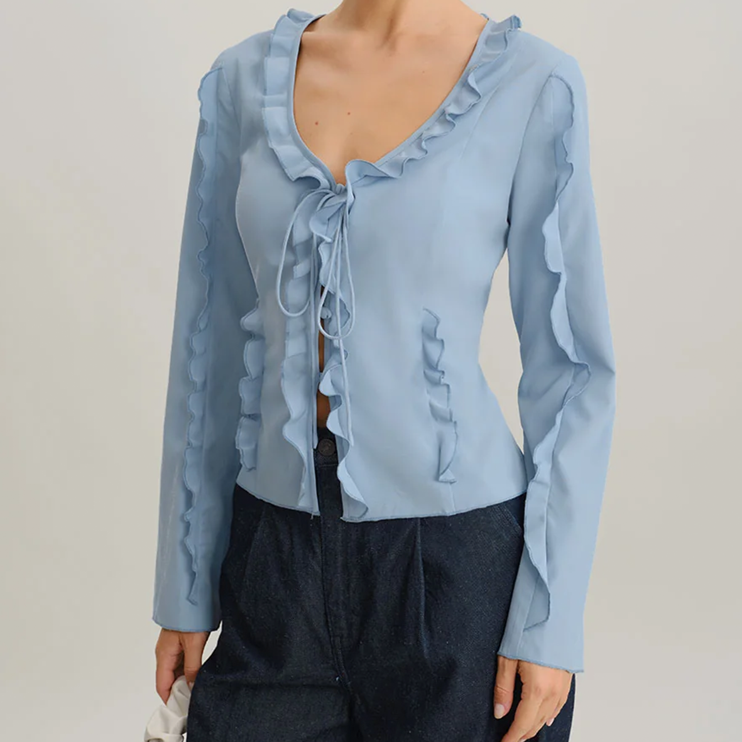 Blue Ruffled V‑Neck Tie‑Front Button Long‑Sleeve Blouse