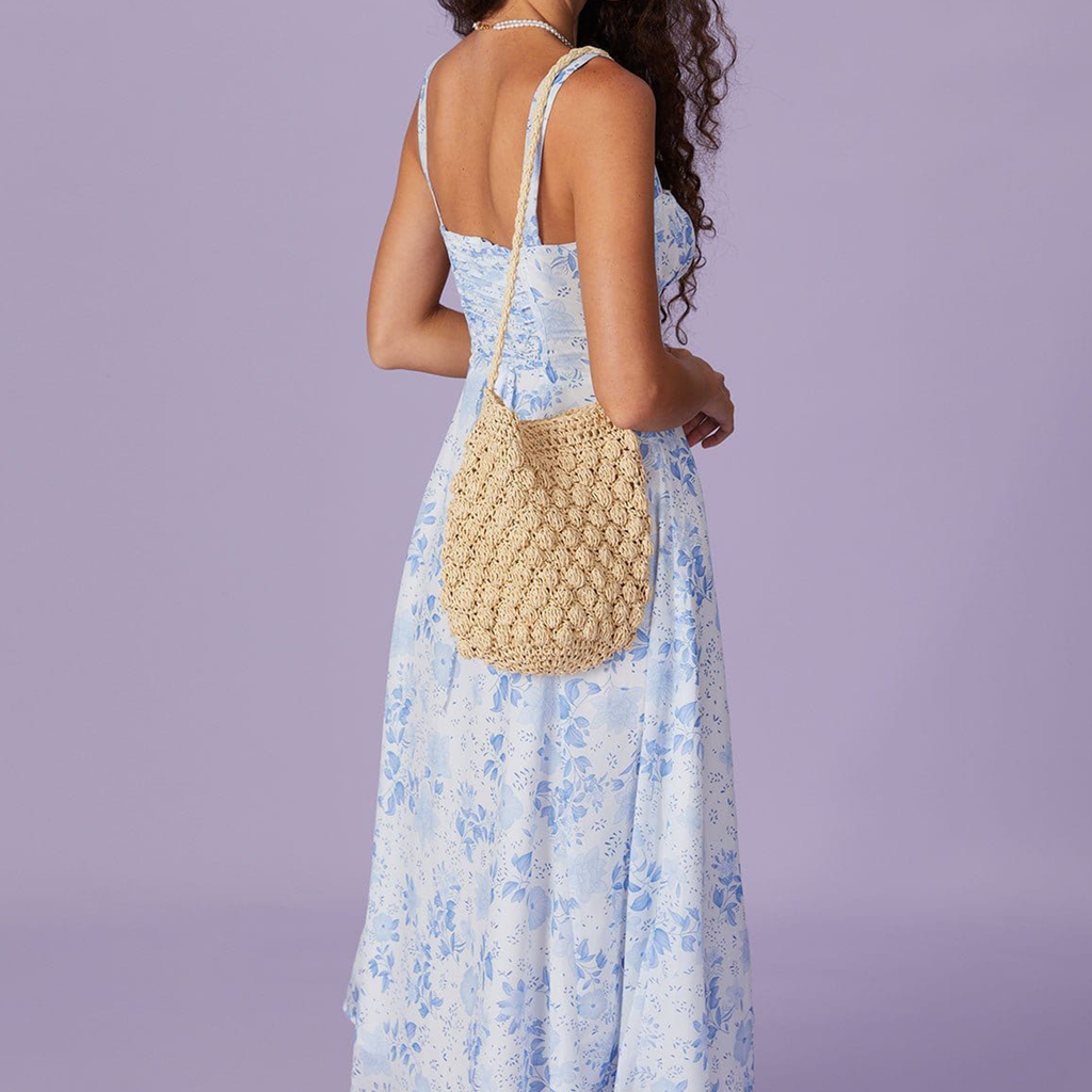 Square‑Neck Floral Ruched Slit Midi Dress