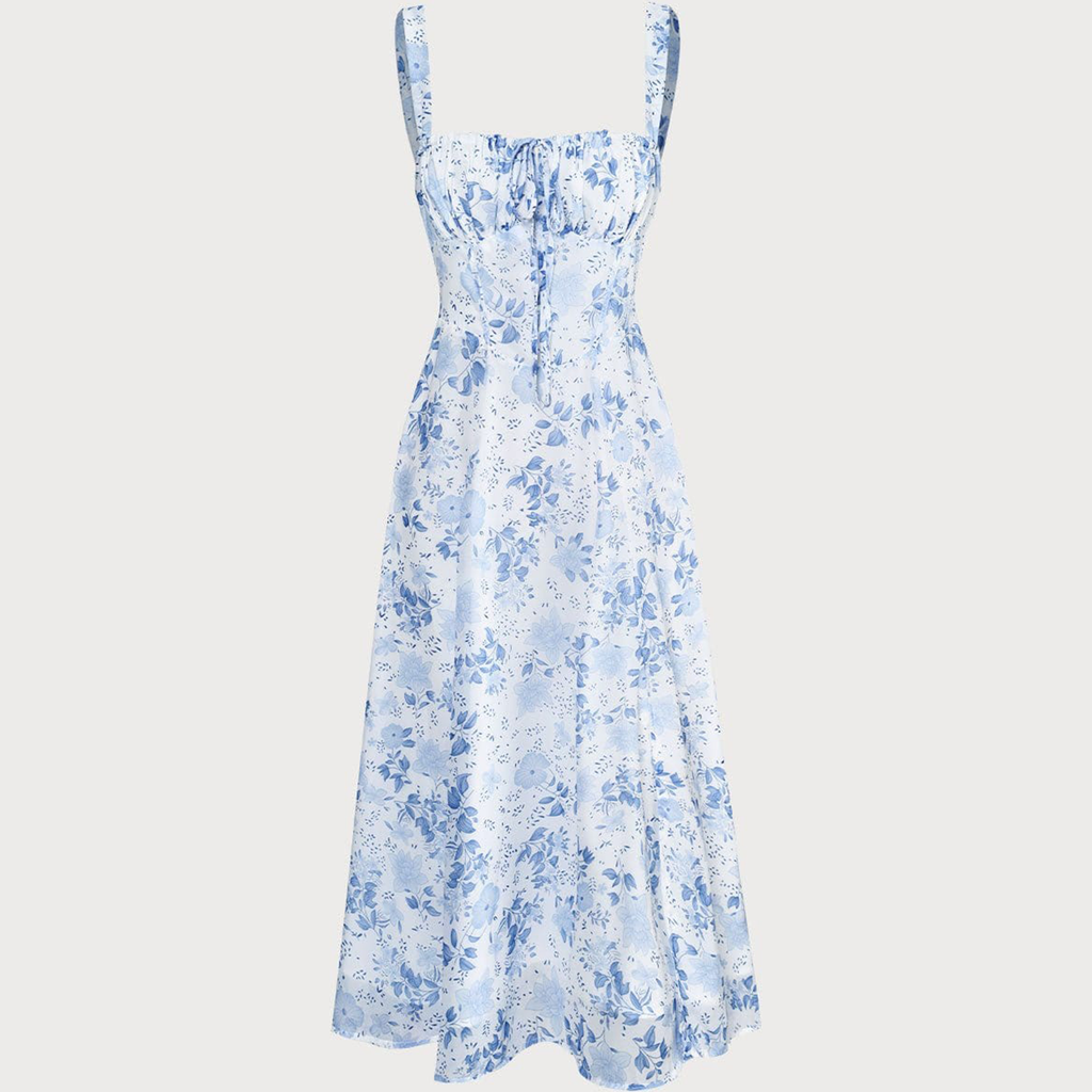 Square‑Neck Floral Ruched Slit Midi Dress