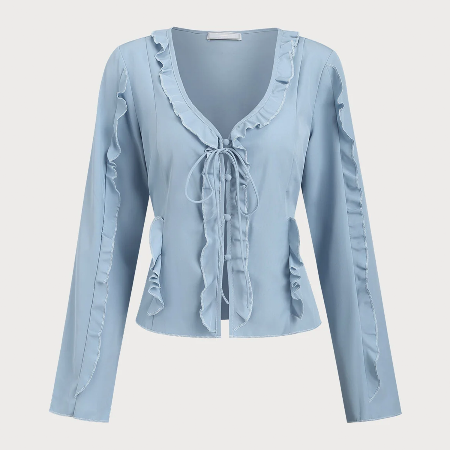 Blue Ruffled V‑Neck Tie‑Front Button Long‑Sleeve Blouse