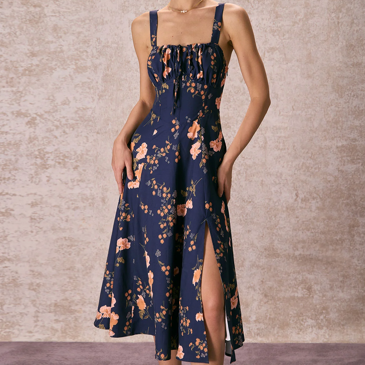 Square Neck Lace‑Up Floral Ruched A‑Line Midi Dress