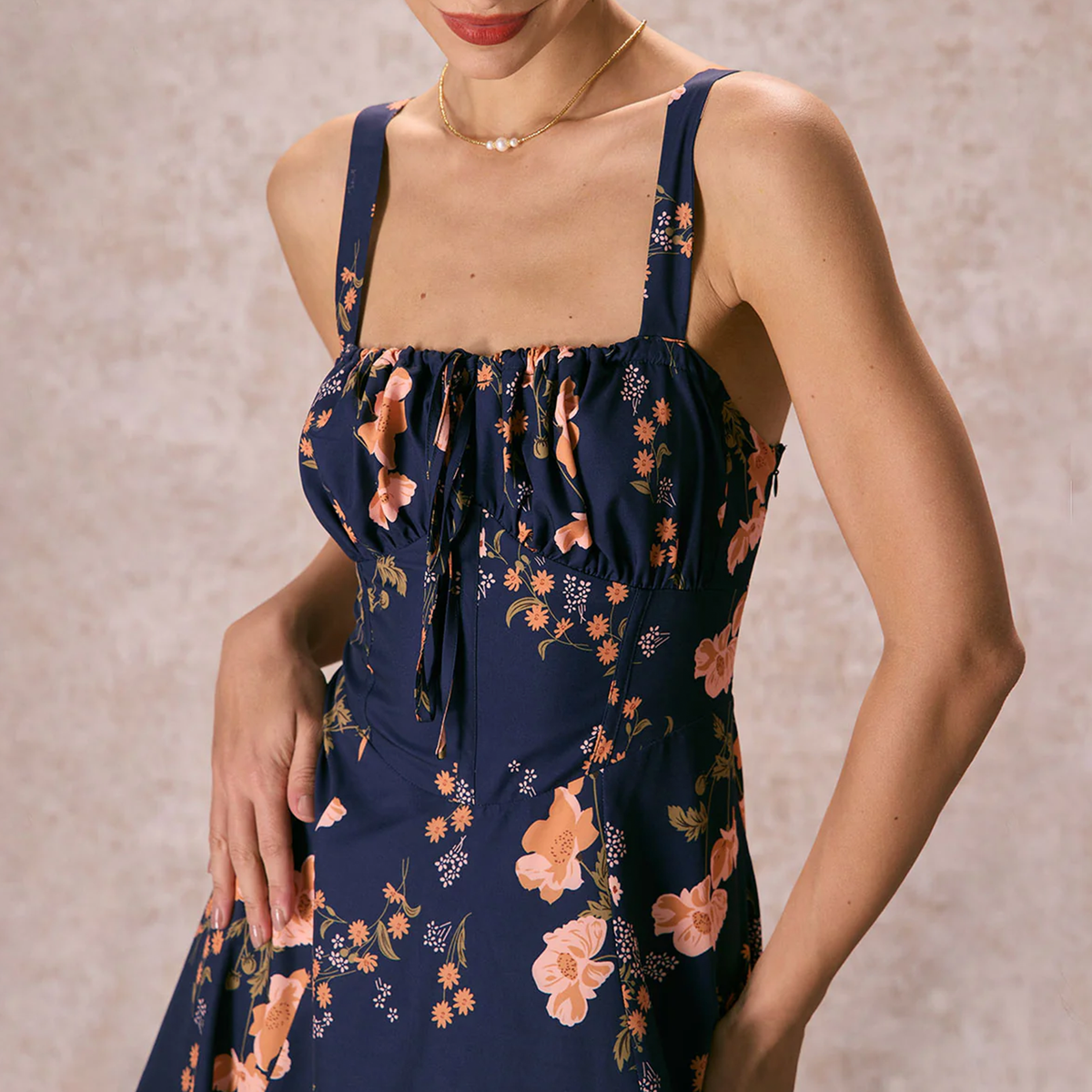 Square Neck Lace‑Up Floral Ruched A‑Line Midi Dress