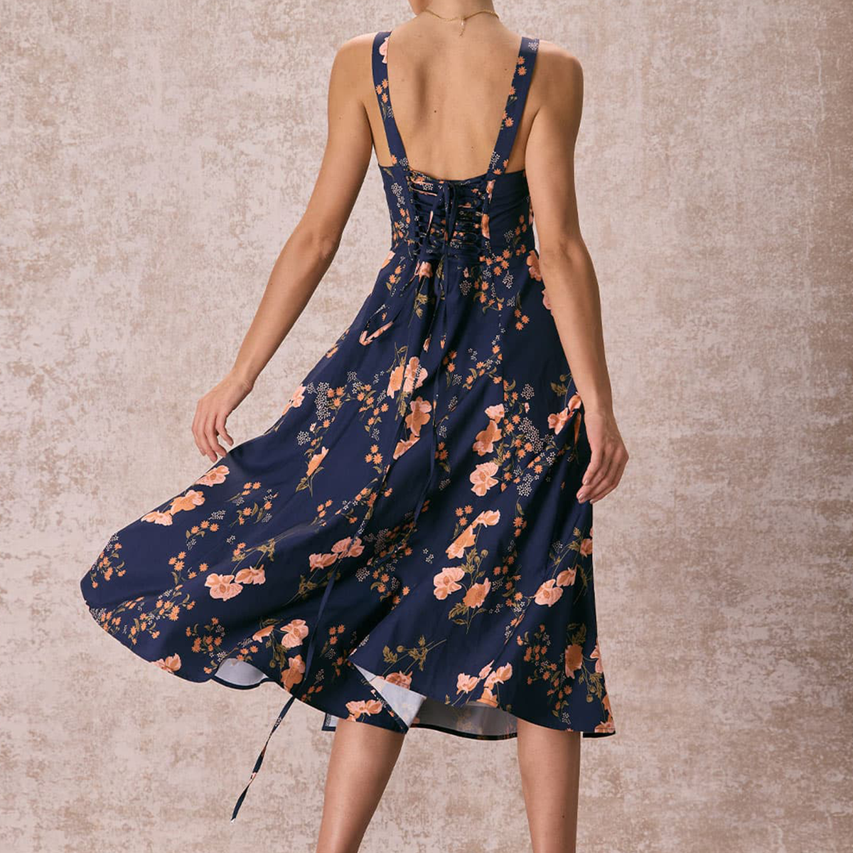 Square Neck Lace‑Up Floral Ruched A‑Line Midi Dress