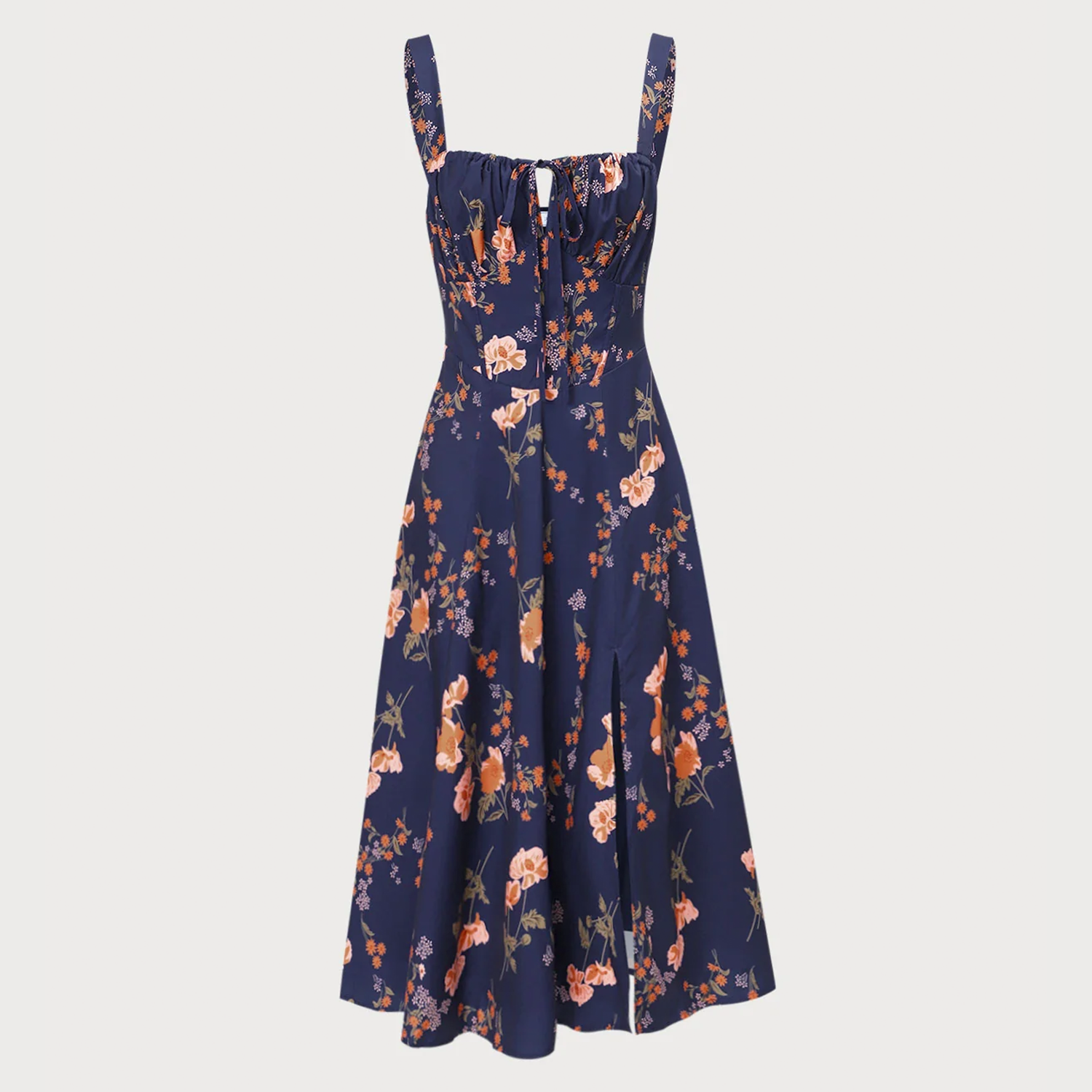 Square Neck Lace‑Up Floral Ruched A‑Line Midi Dress