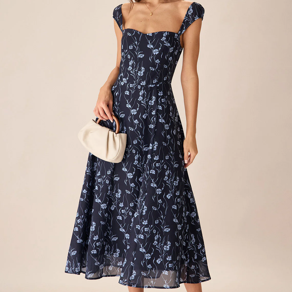 Navy Sweetheart Neck Cap‑Sleeve Navy Floral Midi Dress