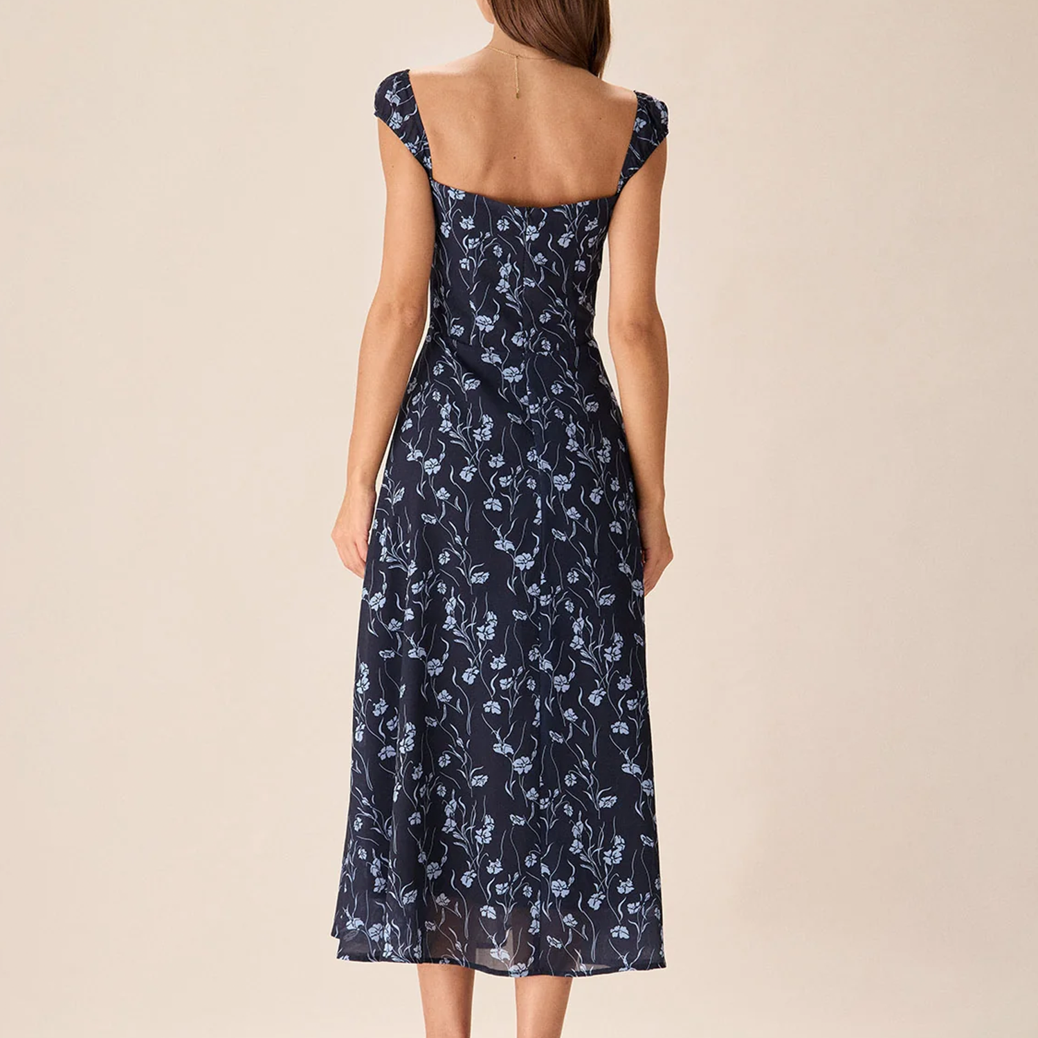 Navy Sweetheart Neck Cap‑Sleeve Navy Floral Midi Dress