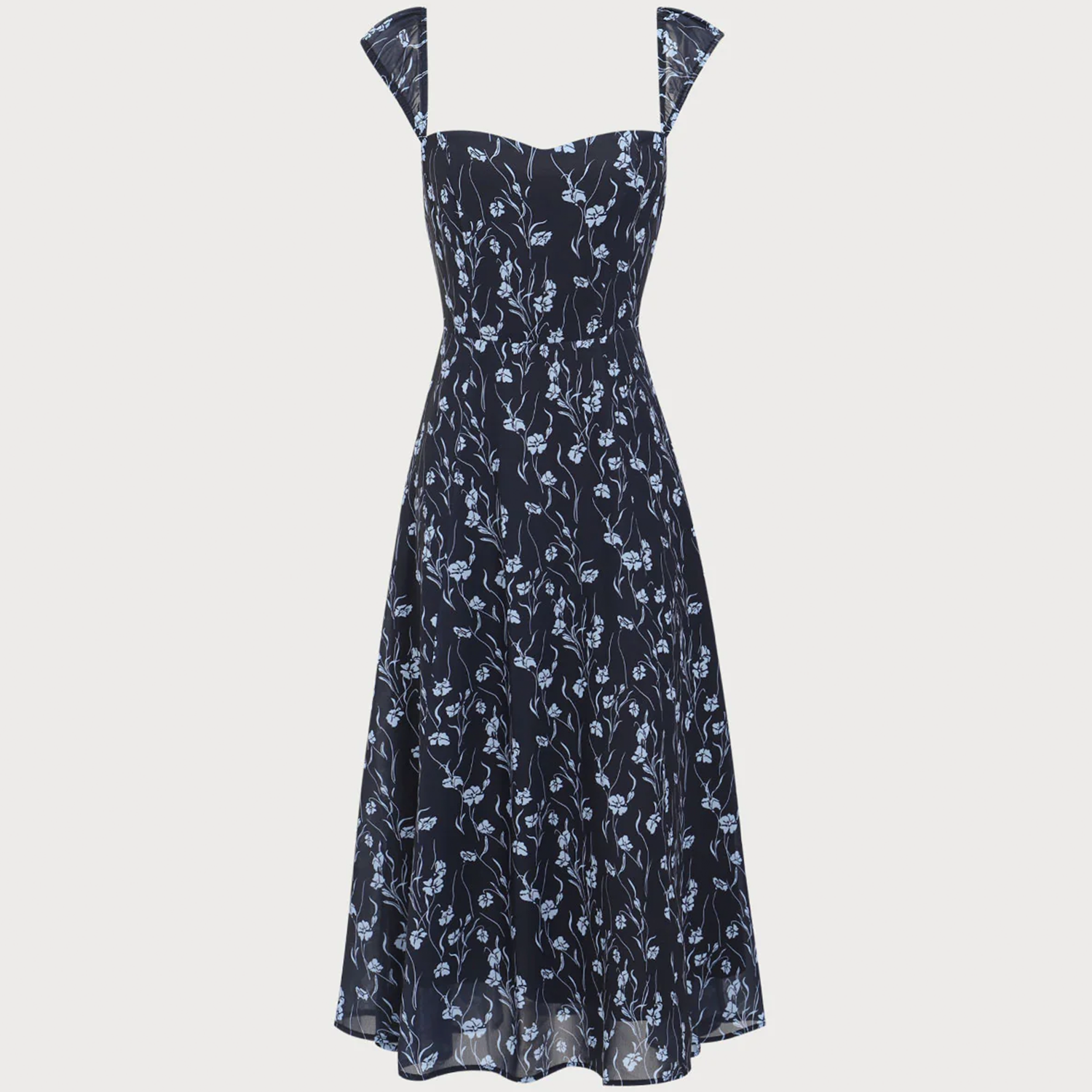 Navy Sweetheart Neck Cap‑Sleeve Navy Floral Midi Dress