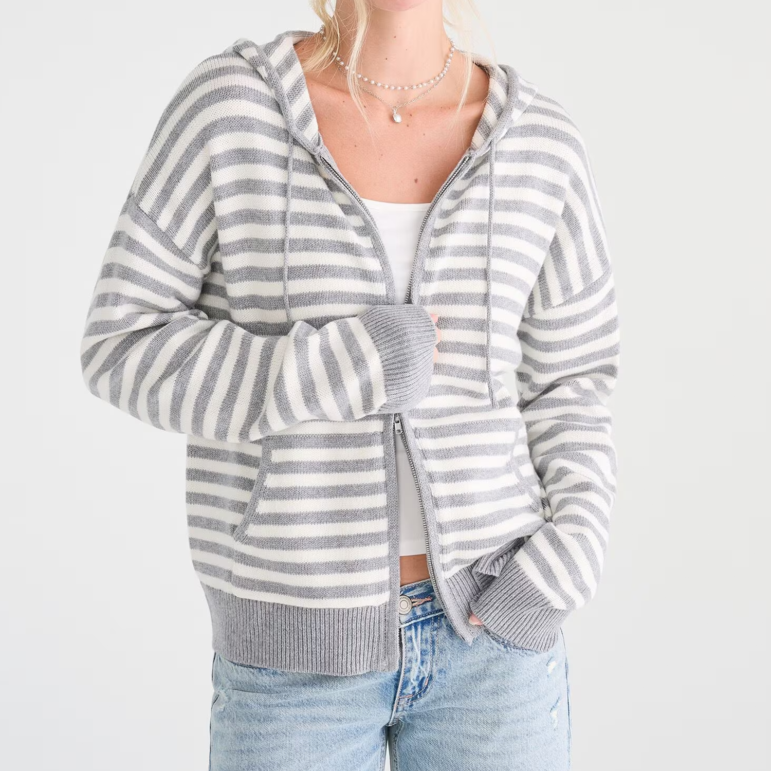 Striped Full‑Zip Knit Hooded Cardigan Hoodie