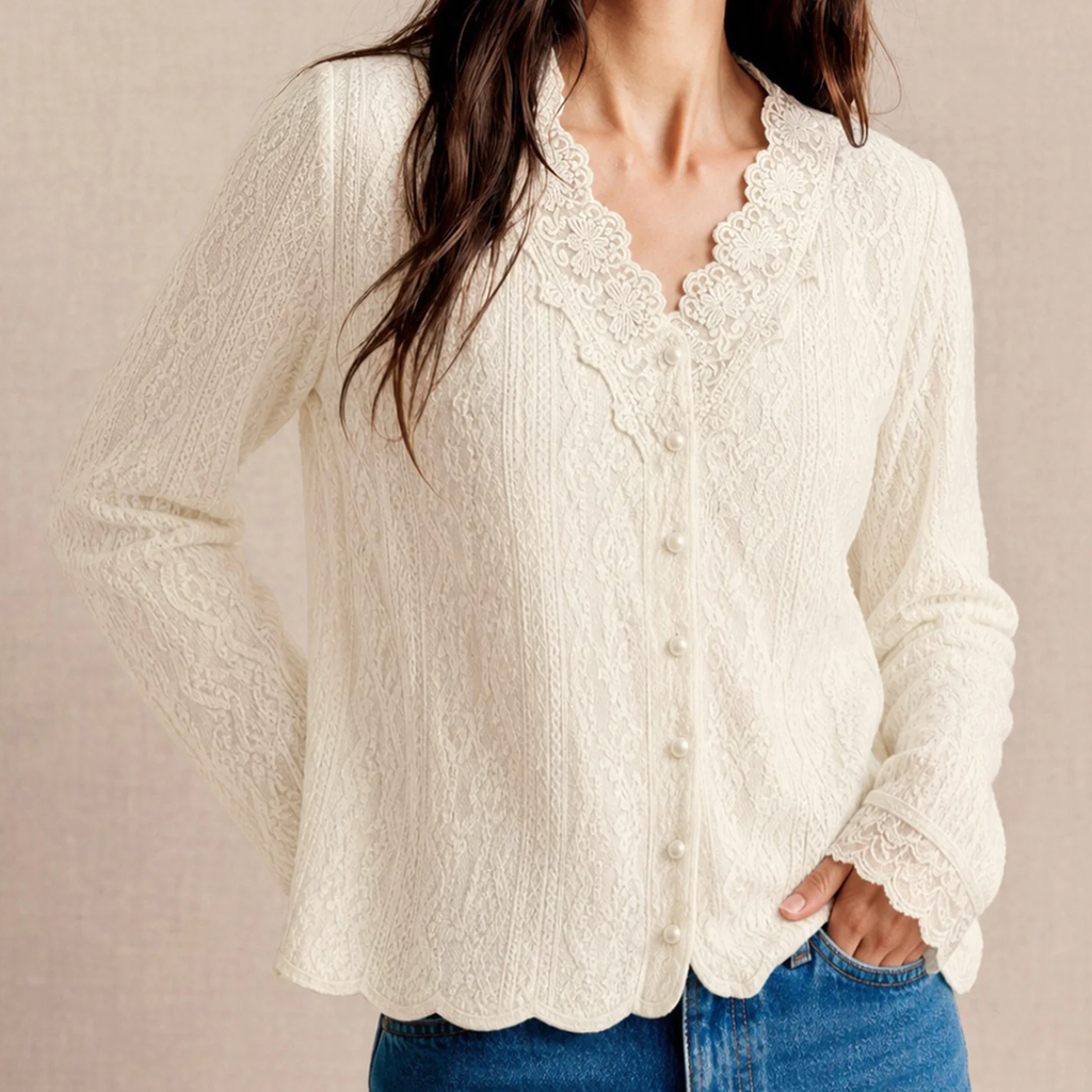 Apricot‑Tone V‑Neck Floral Textured Knit Button Cardigan