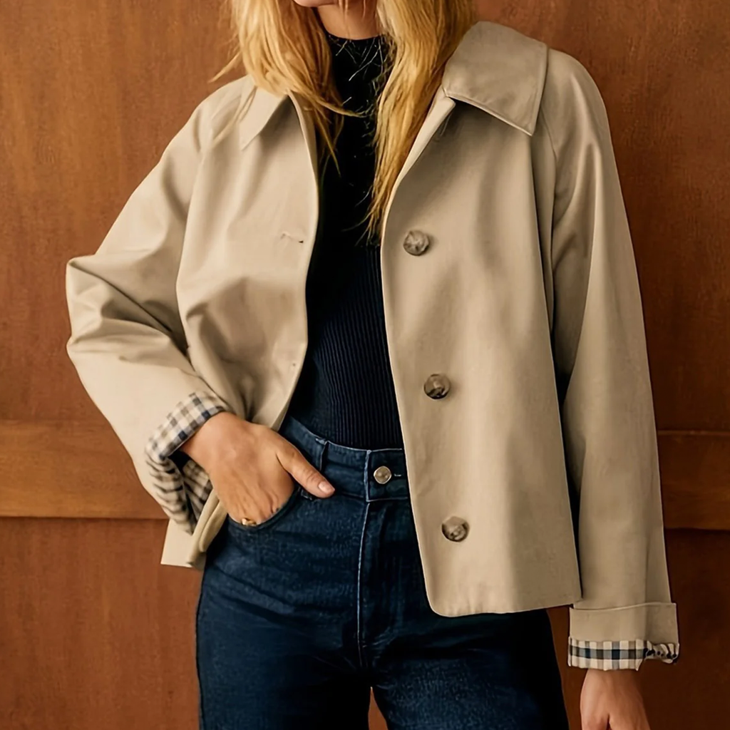 Khaki Single Breasted Contrast Detail Cropped Casual Jacket