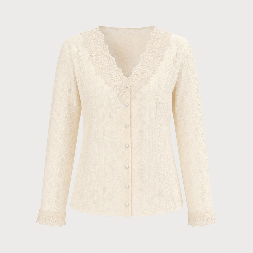 Apricot‑Tone V‑Neck Floral Textured Knit Button Cardigan