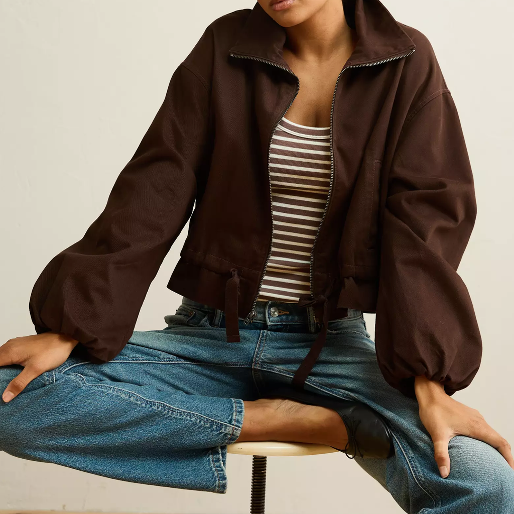 Funnel Neck Drawstring Waist Cropped Bomber Jacket