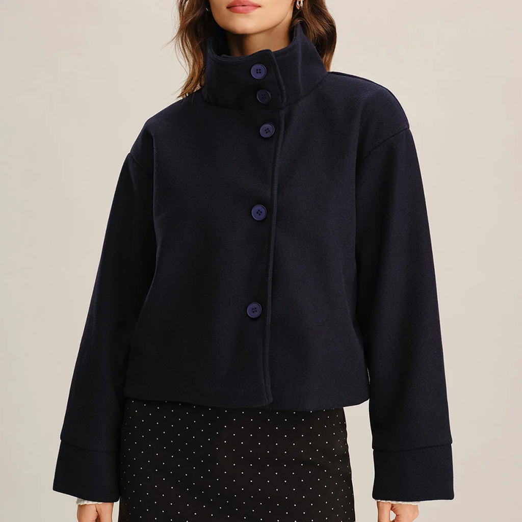 Blue Stand Collar Single Breasted Loose Cropped Jacket