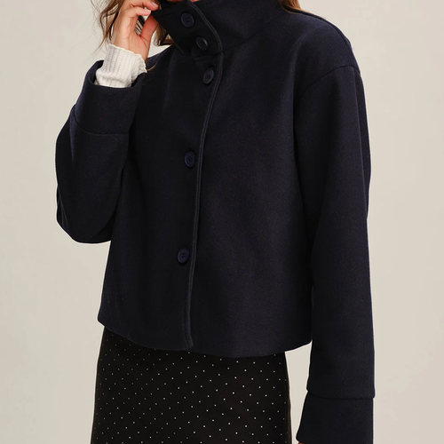 Blue Stand Collar Single Breasted Loose Cropped Jacket
