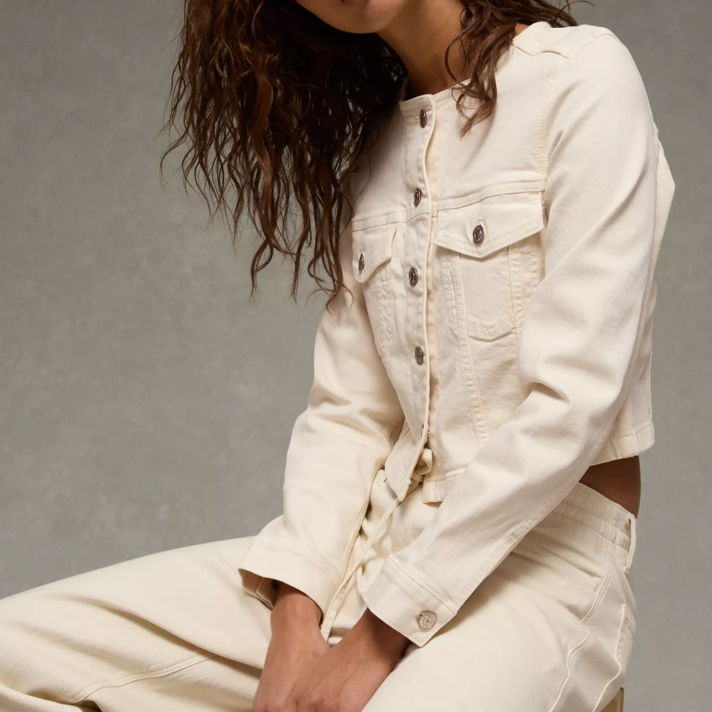 Collarless Cinched Waist Stretch Cropped Denim Jacket
