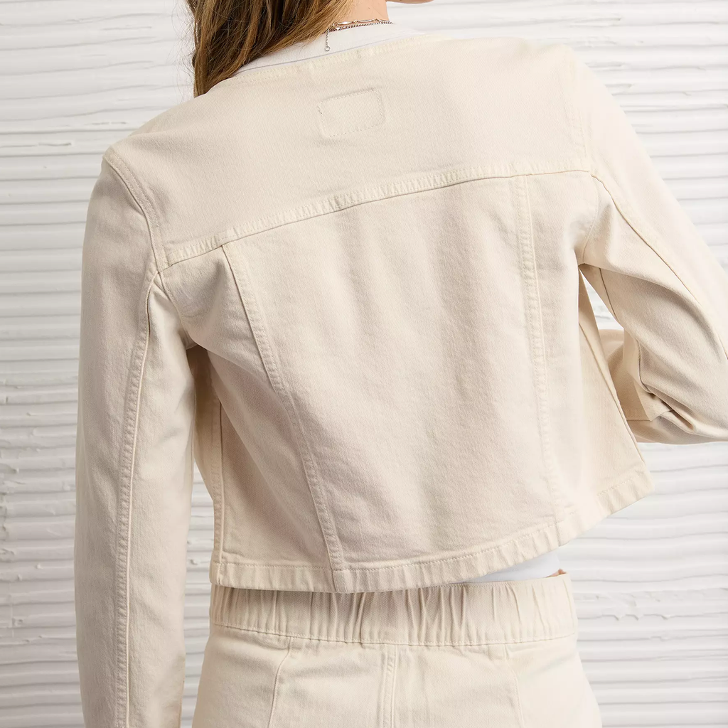 Collarless Cinched Waist Stretch Cropped Denim Jacket
