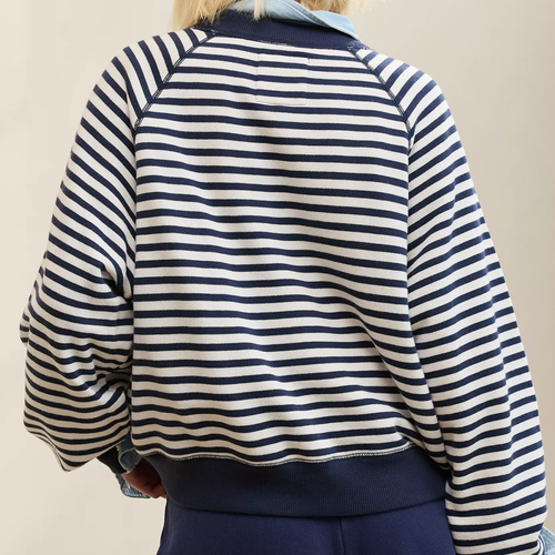 Classic‑Length Striped Raglan Crew Neck Fleece Sweatshirt