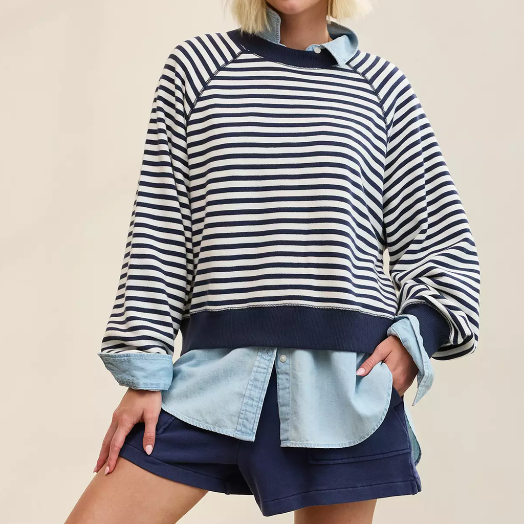 Classic‑Length Striped Raglan Crew Neck Fleece Sweatshirt