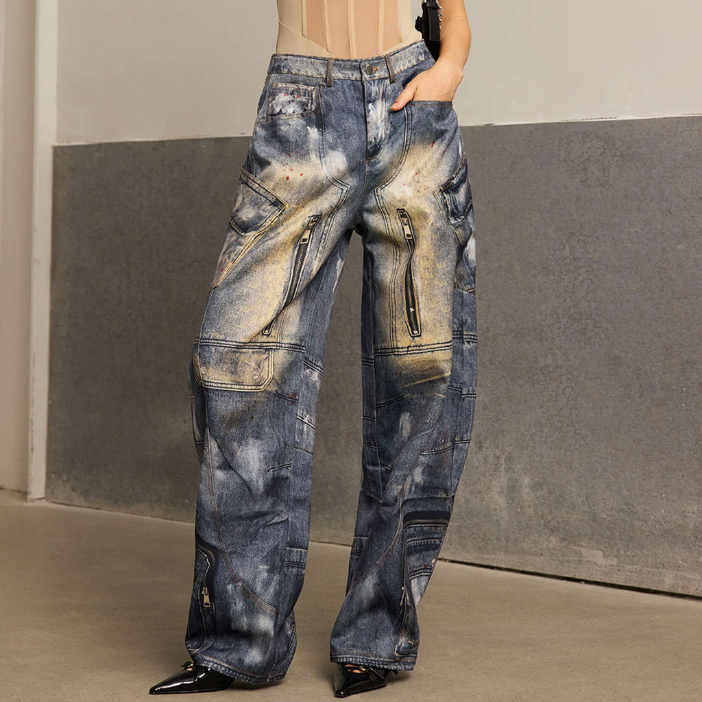 Abstract Printed Multi‑Pocket Barrel‑Cut Twill Trousers
