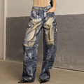 Abstract Printed Multi‑Pocket Barrel‑Cut Twill Trousers