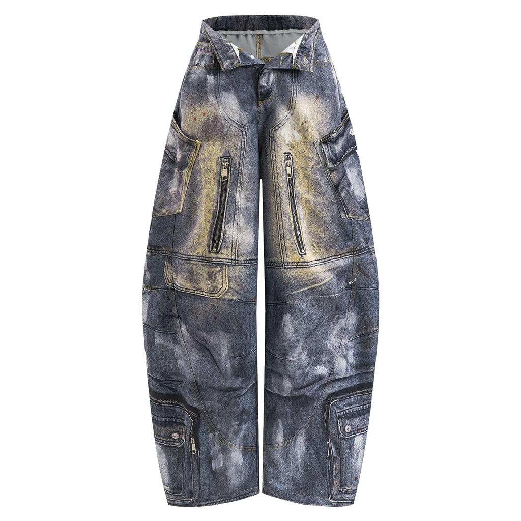 Abstract Printed Multi‑Pocket Barrel‑Cut Twill Trousers