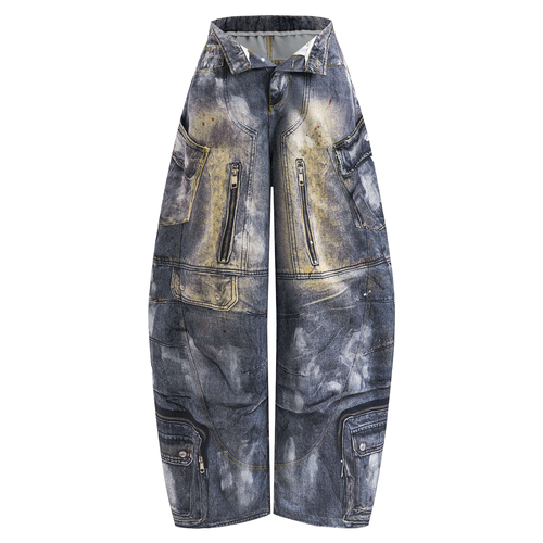 Abstract Printed Multi‑Pocket Barrel‑Cut Twill Trousers
