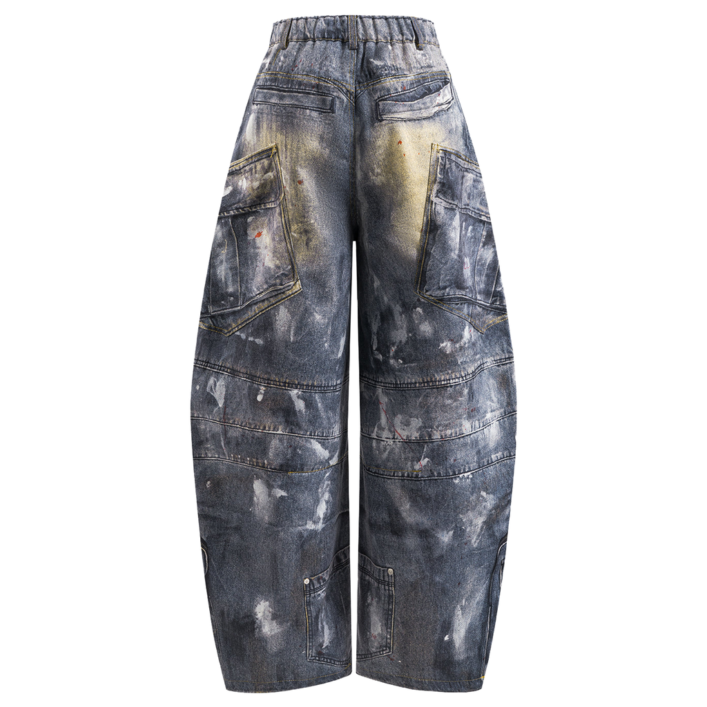 Abstract Printed Multi‑Pocket Barrel‑Cut Twill Trousers