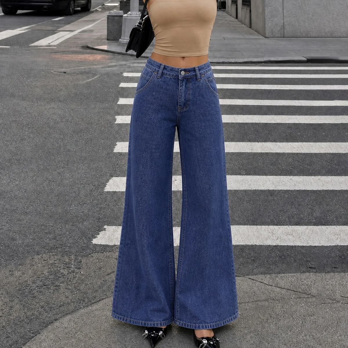Blue Low‑Waist Solid Stonewashed Wide‑Leg Jeans Trousers