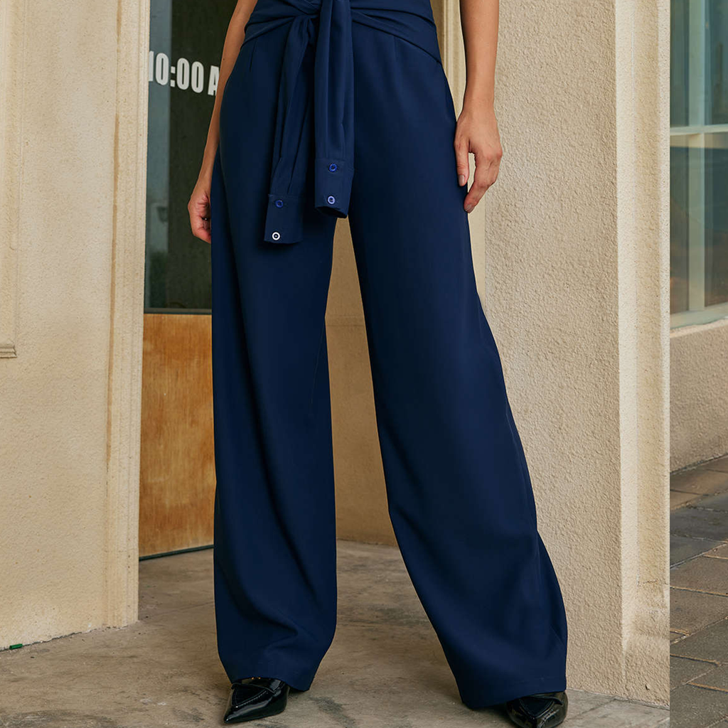 Solid Tie‑Front Wide‑Leg Twill Trousers