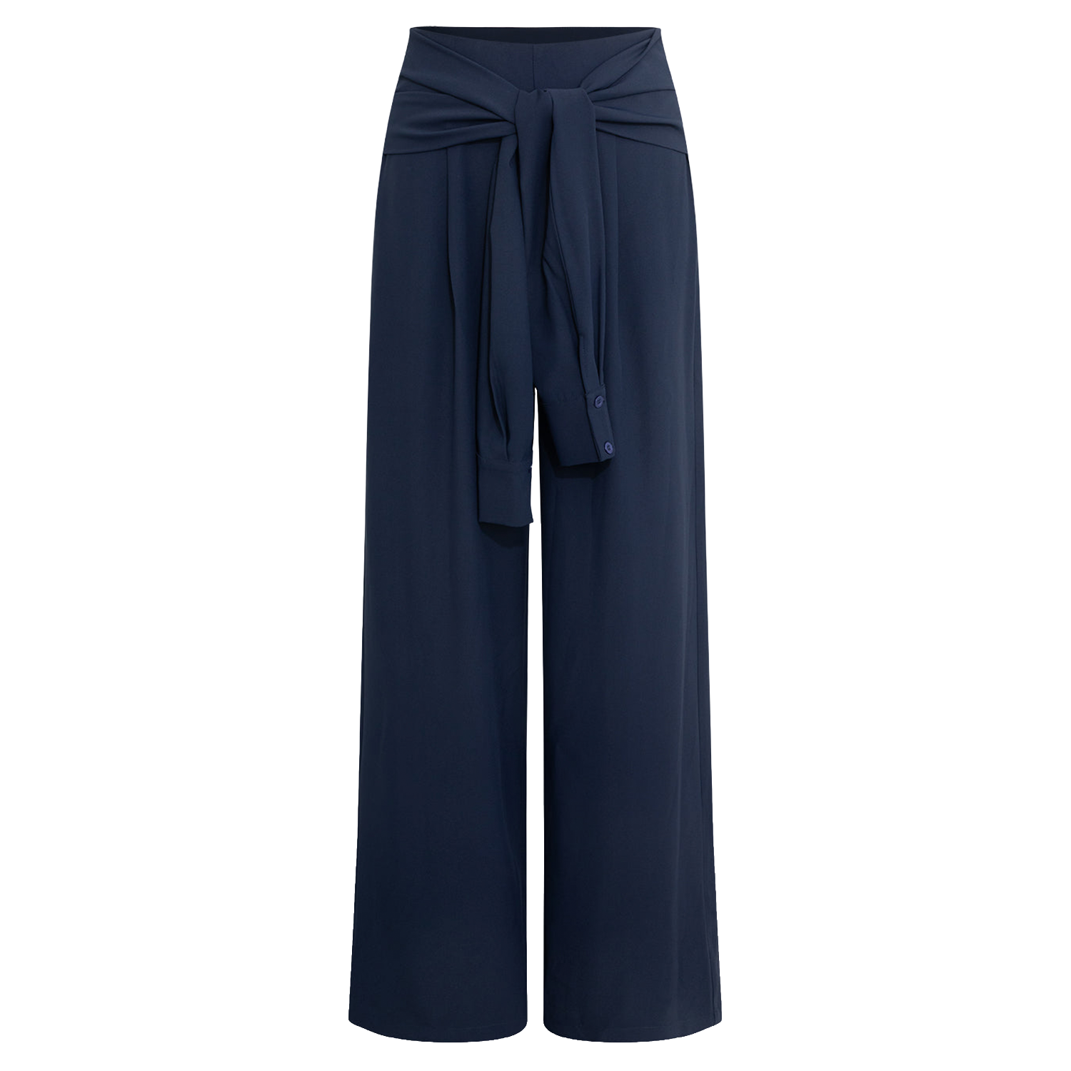 Solid Tie‑Front Wide‑Leg Twill Trousers