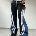 Striped Patchwork Drawstring Wide‑Leg Twill Trousers