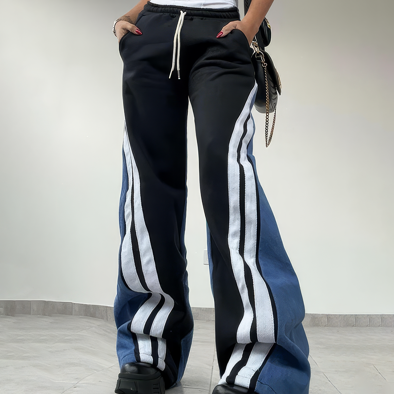 Striped Patchwork Drawstring Wide‑Leg Twill Trousers