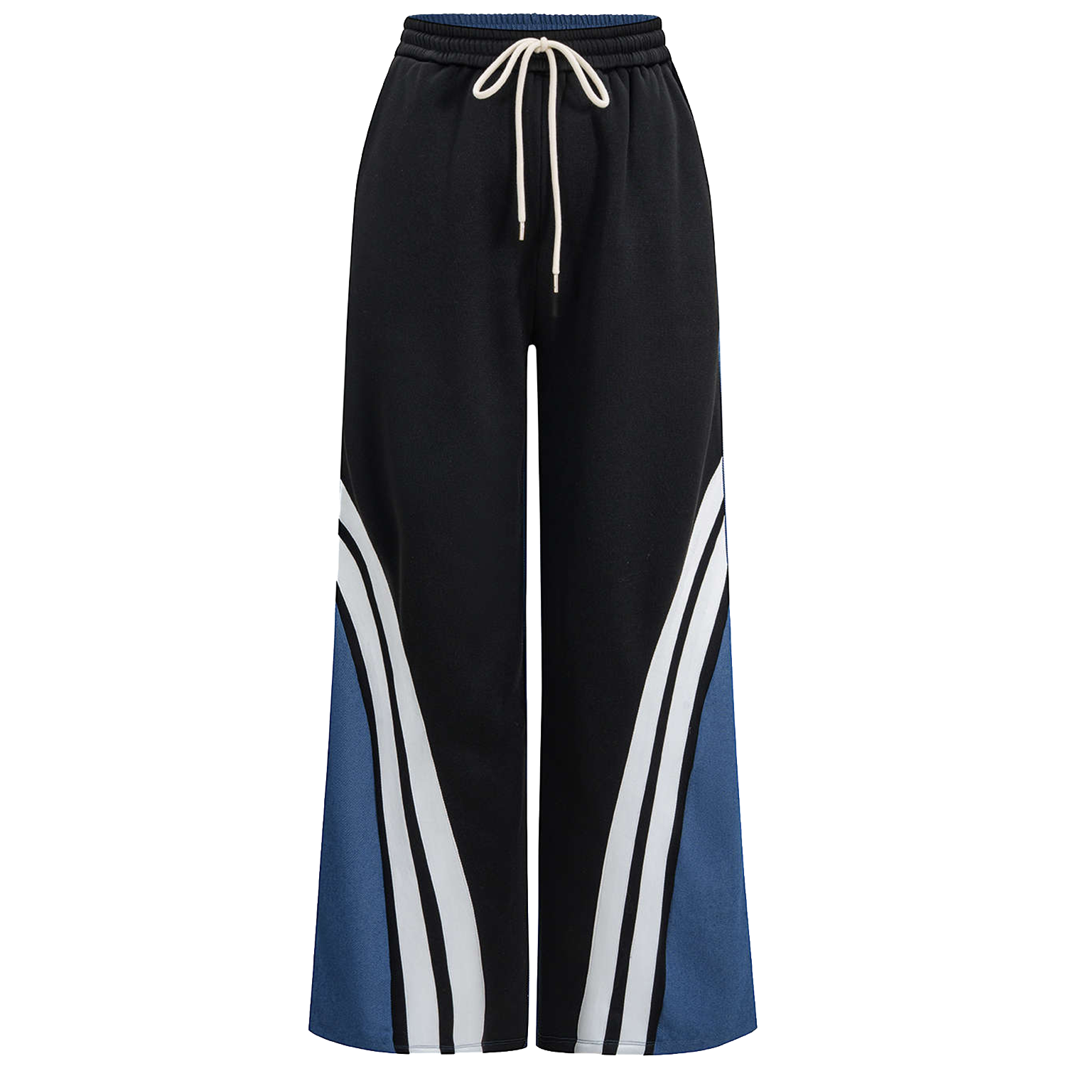 Striped Patchwork Drawstring Wide‑Leg Twill Trousers